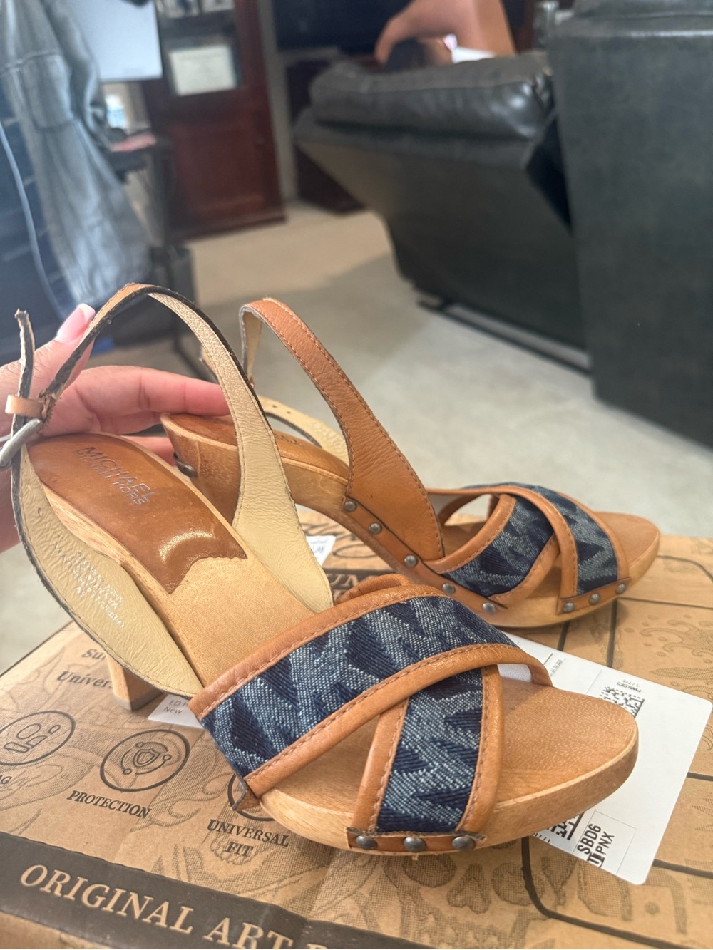 Michael Kors Tan Leather and Blue Denim Cross-Strap Sandals